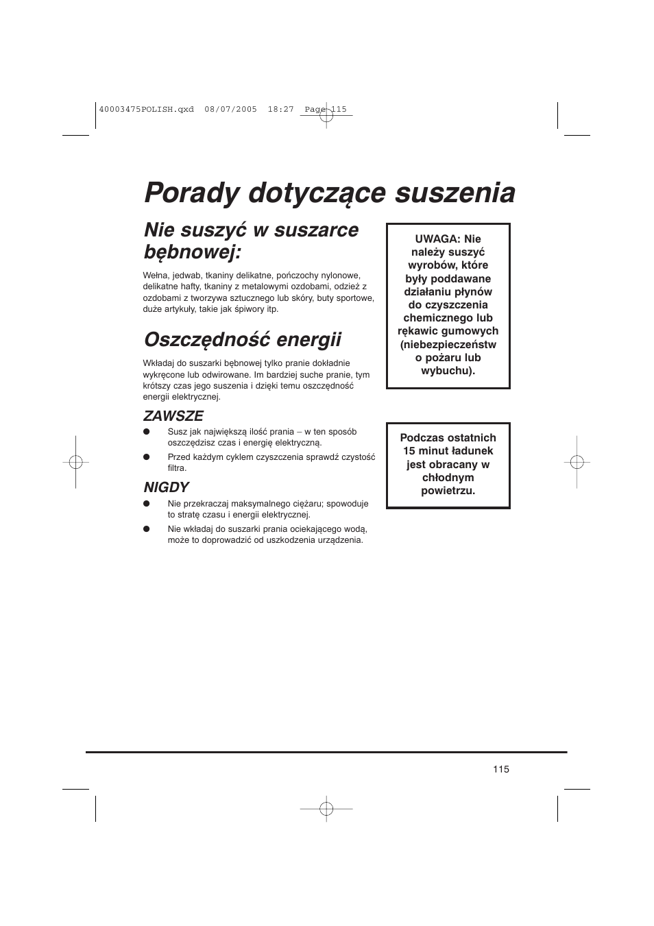 Porady dotyczące suszenia, Nie suszyć w suszarce bębnowej, Oszczędność energii | Zawsze, Nigdy | Candy AB CV1 16- SY User Manual | Page 115 / 152