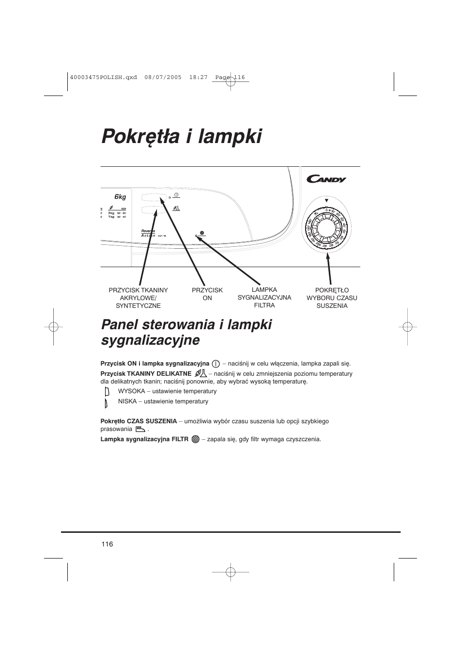 Pokrętła i lampki, Panel sterowania i lampki sygnalizacyjne | Candy AB CV1 16- SY User Manual | Page 116 / 152