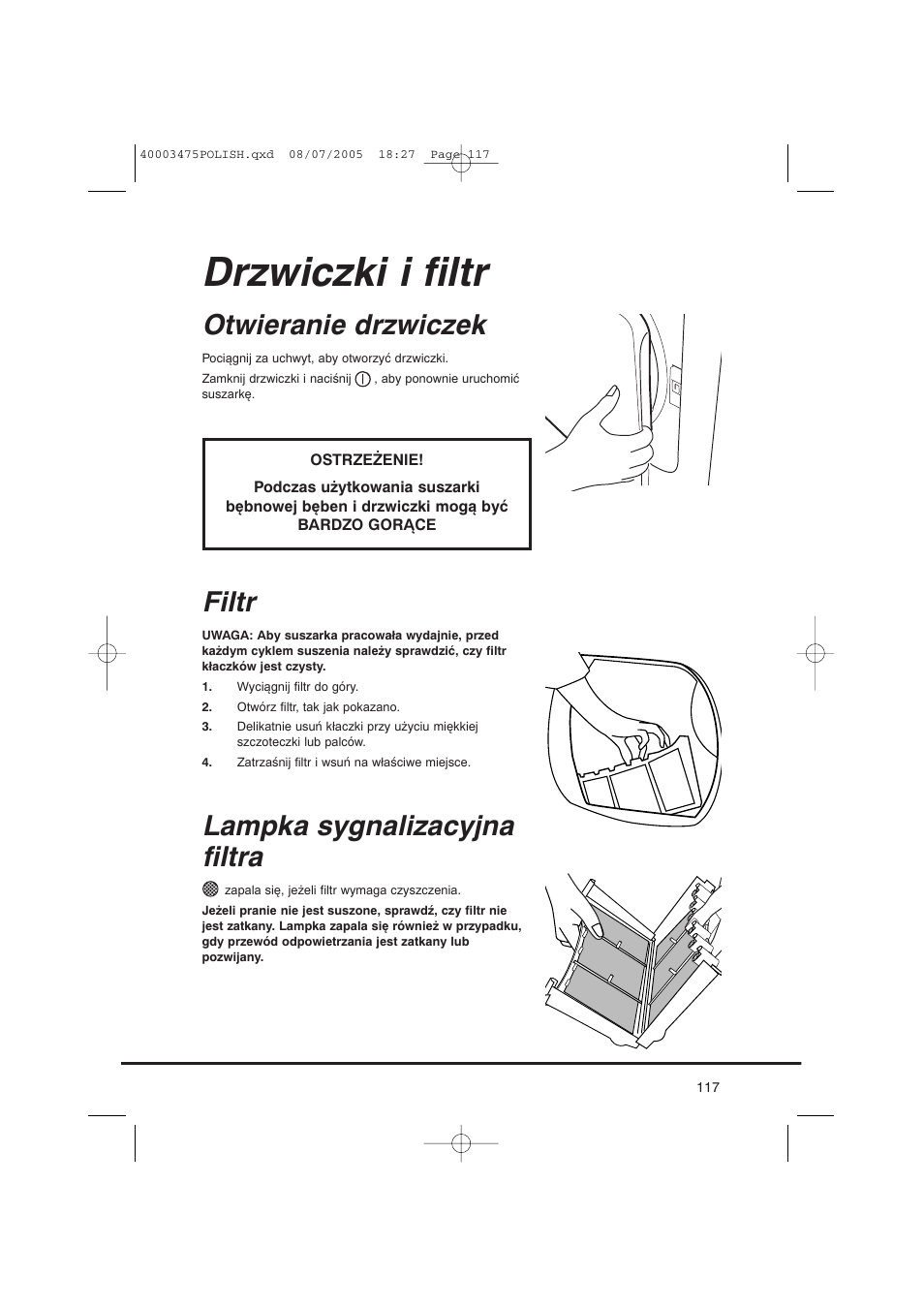 Drzwiczki i filtr, Otwieranie drzwiczek, Filtr | Lampka sygnalizacyjna filtra | Candy AB CV1 16- SY User Manual | Page 117 / 152