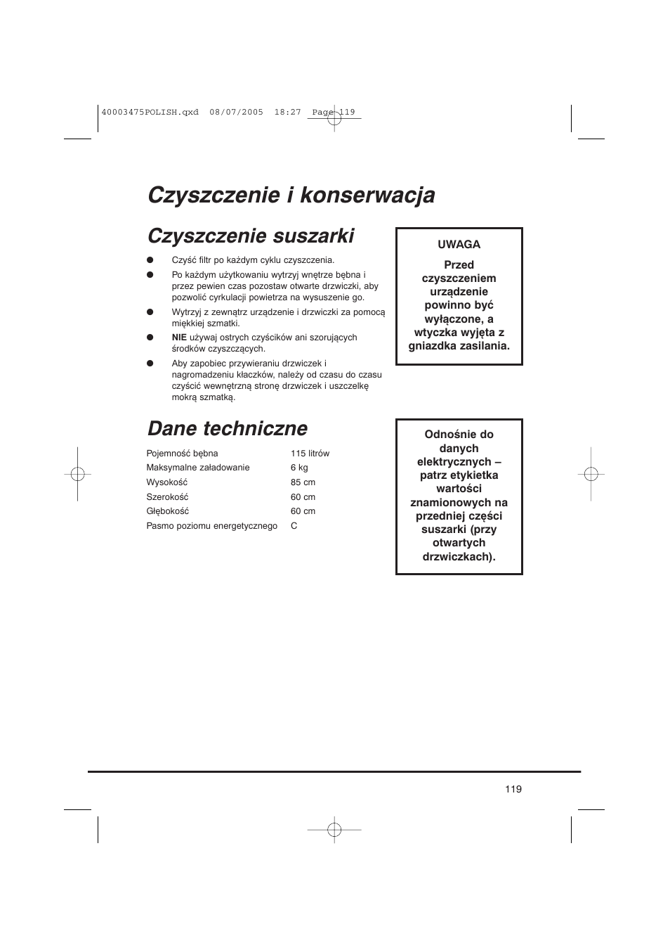 Czyszczenie i konserwacja, Czyszczenie suszarki, Dane techniczne | Candy AB CV1 16- SY User Manual | Page 119 / 152