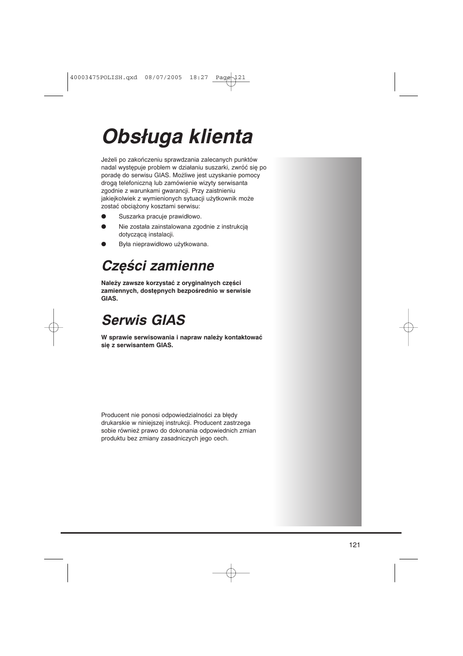 Obsługa klienta, Części zamienne, Serwis gias | Candy AB CV1 16- SY User Manual | Page 121 / 152