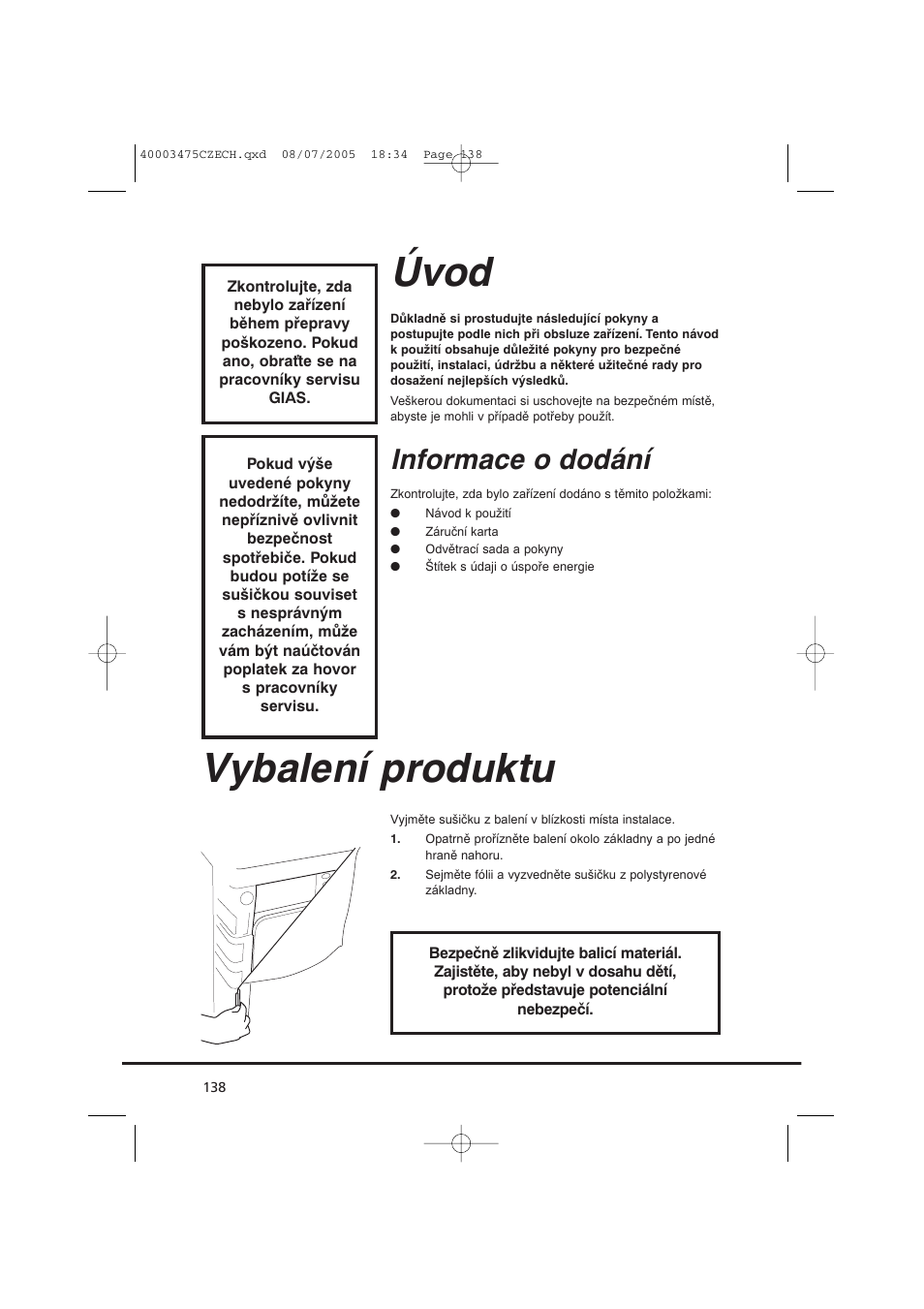 Úvod, Vybalení produktu, Informace o dodání | Candy AB CV1 16- SY User Manual | Page 138 / 152