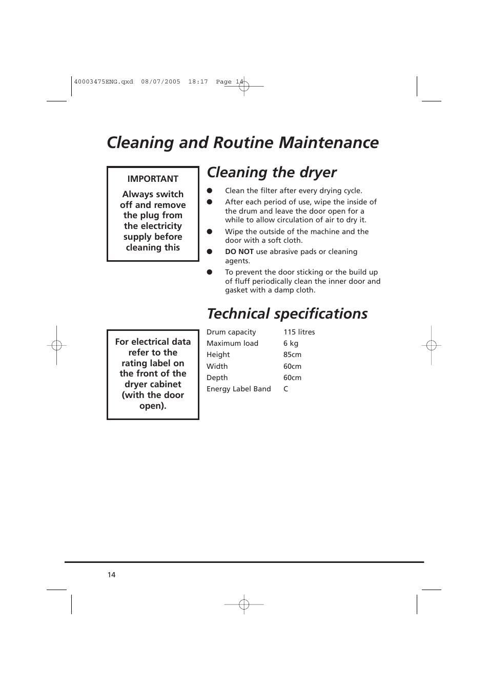 Cleaning and routine maintenance, Cleaning the dryer, Technical specifications | Candy AB CV1 16- SY User Manual | Page 14 / 152
