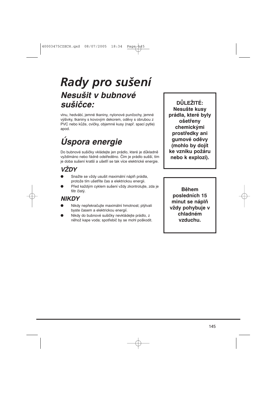 Rady pro sušení, Nesušit v bubnové sušičce, Úspora energie | Candy AB CV1 16- SY User Manual | Page 145 / 152