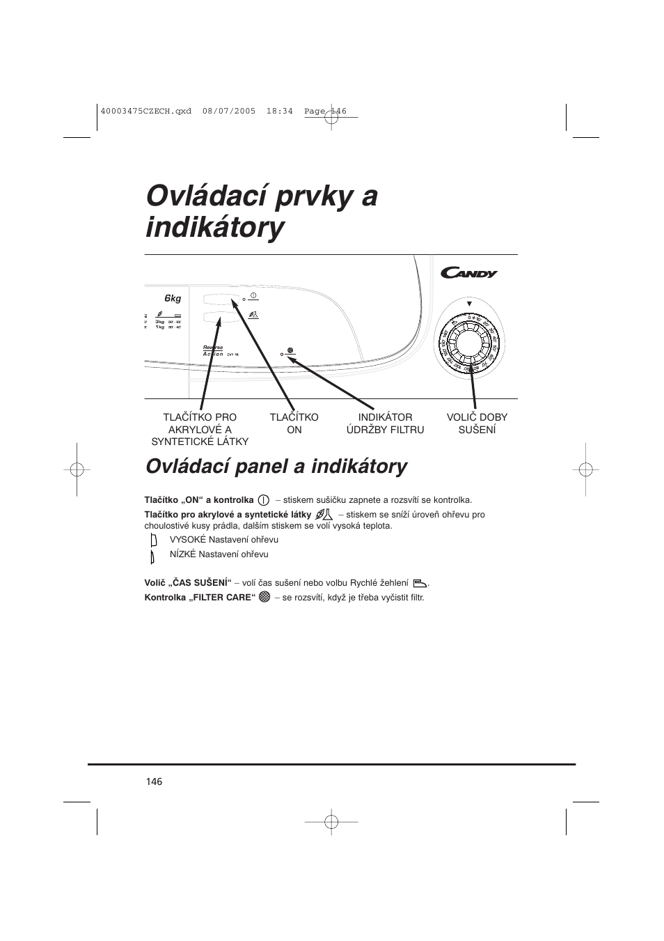 Ovládací prvky a indikátory, Ovládací panel a indikátory | Candy AB CV1 16- SY User Manual | Page 146 / 152