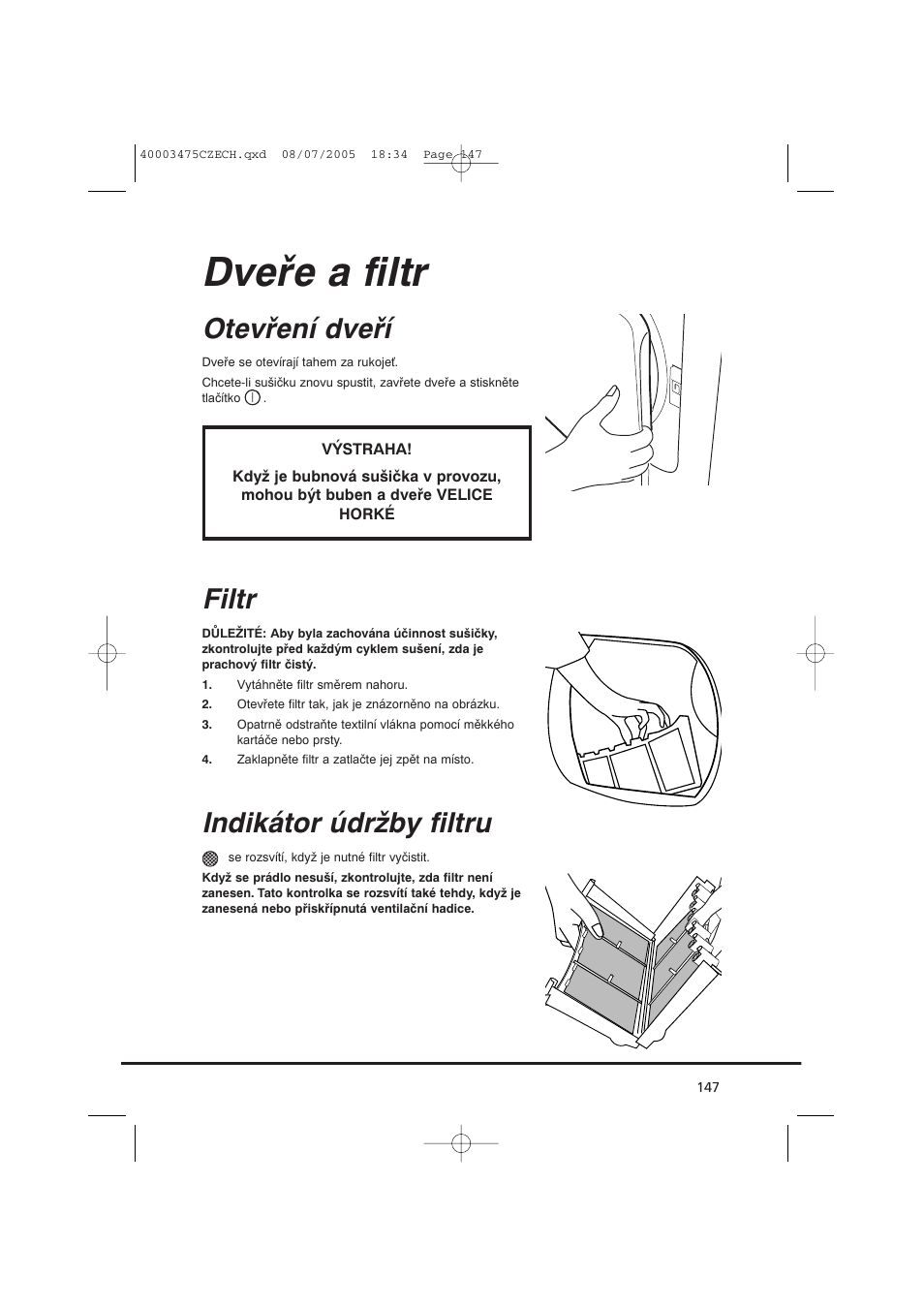 Dveře a filtr, Otevření dveří, Filtr | Indikátor údržby filtru | Candy AB CV1 16- SY User Manual | Page 147 / 152