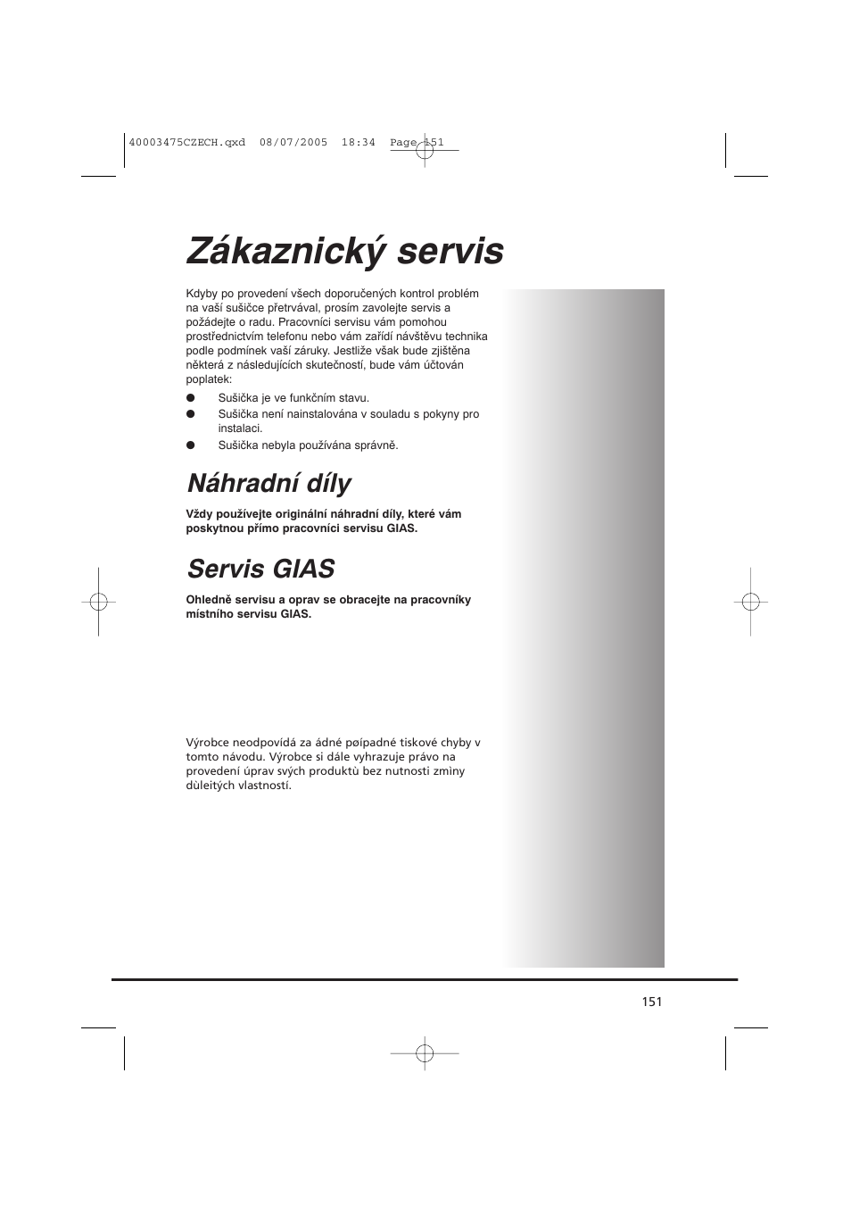 Zákaznický servis, Náhradní díly, Servis gias | Candy AB CV1 16- SY User Manual | Page 151 / 152