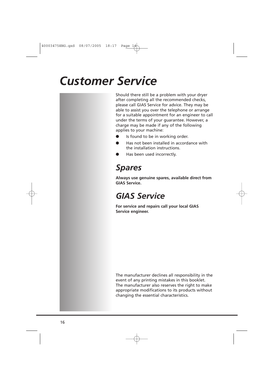 Customer service, Spares, Gias service | Candy AB CV1 16- SY User Manual | Page 16 / 152