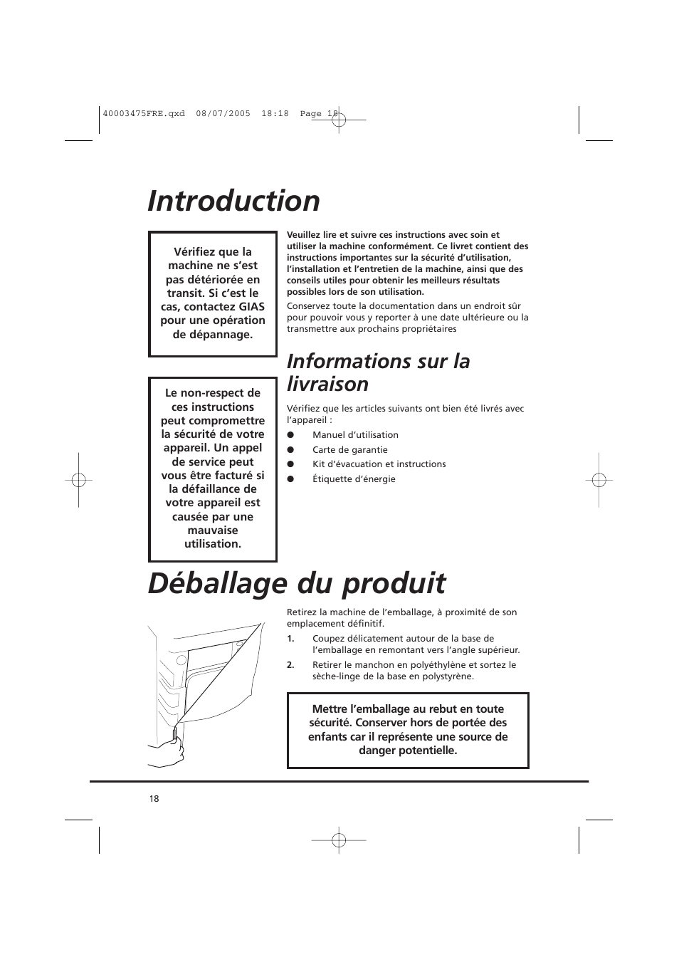 Introduction, Déballage du produit, Informations sur la livraison | Candy AB CV1 16- SY User Manual | Page 18 / 152