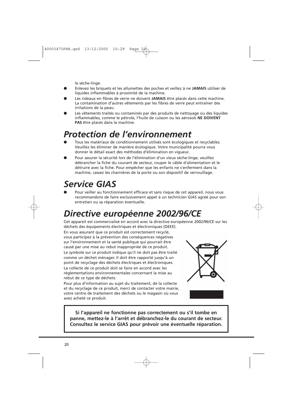 Protection de l’environnement, Service gias | Candy AB CV1 16- SY User Manual | Page 20 / 152