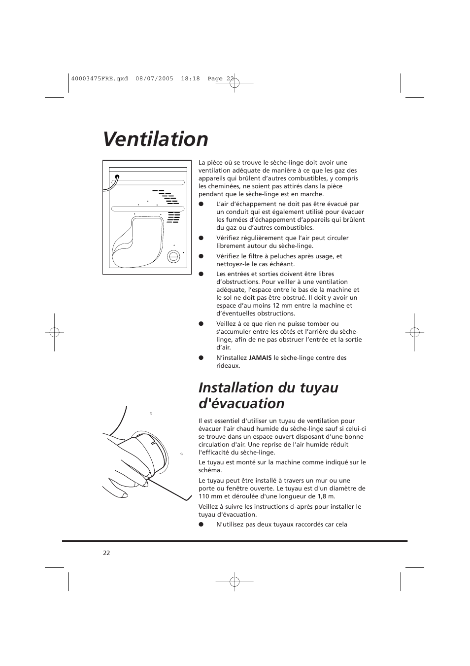 Ventilation, Installation du tuyau d'évacuation | Candy AB CV1 16- SY User Manual | Page 22 / 152