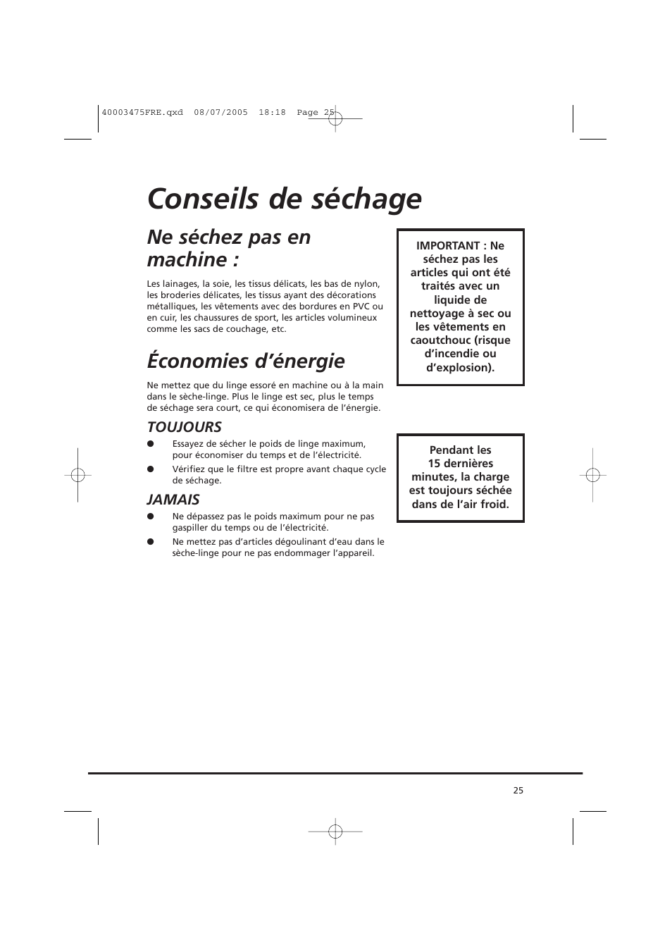 Conseils de séchage, Ne séchez pas en machine, Économies d’énergie | Candy AB CV1 16- SY User Manual | Page 25 / 152