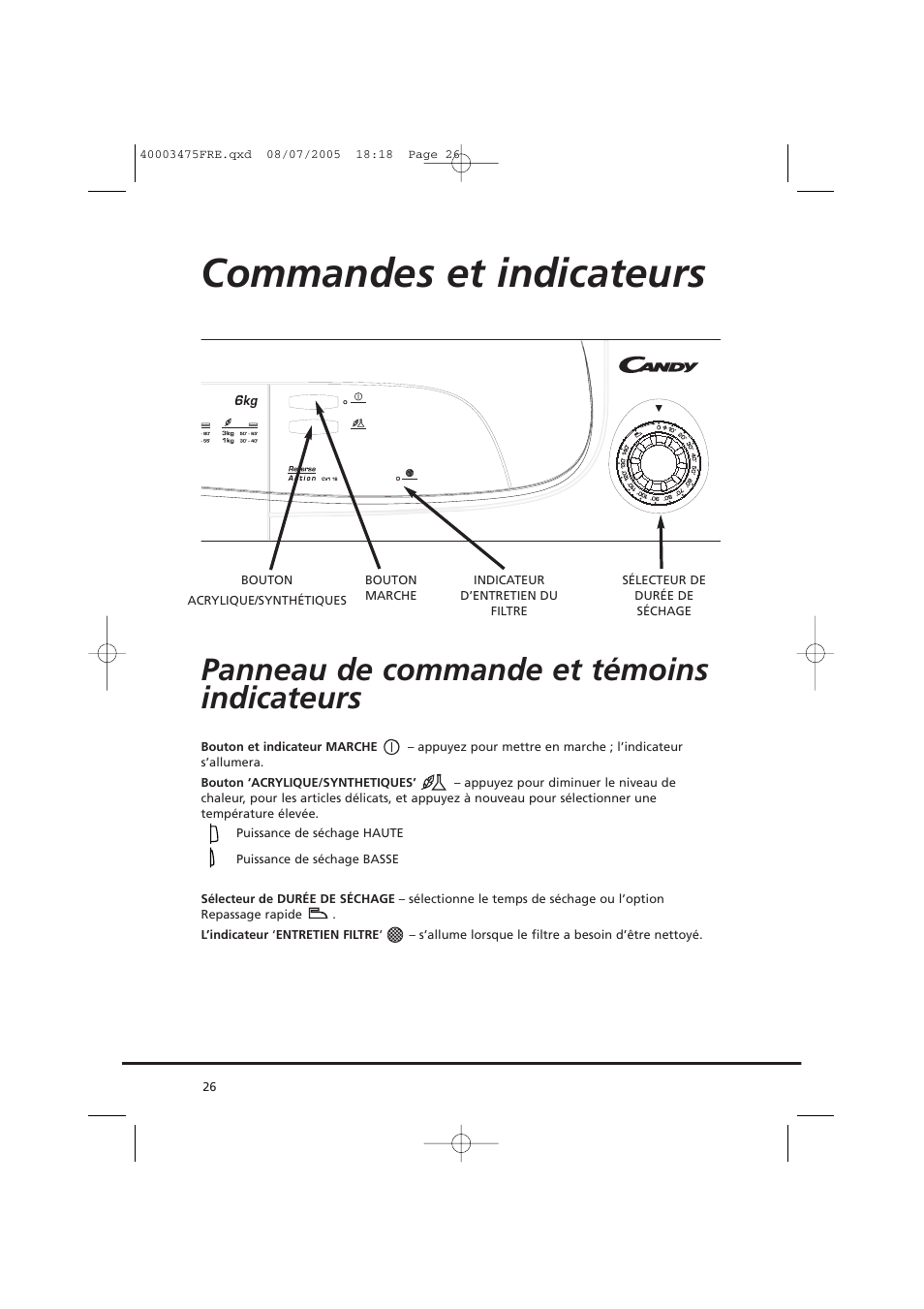 Commandes et indicateurs, Panneau de commande et témoins indicateurs | Candy AB CV1 16- SY User Manual | Page 26 / 152