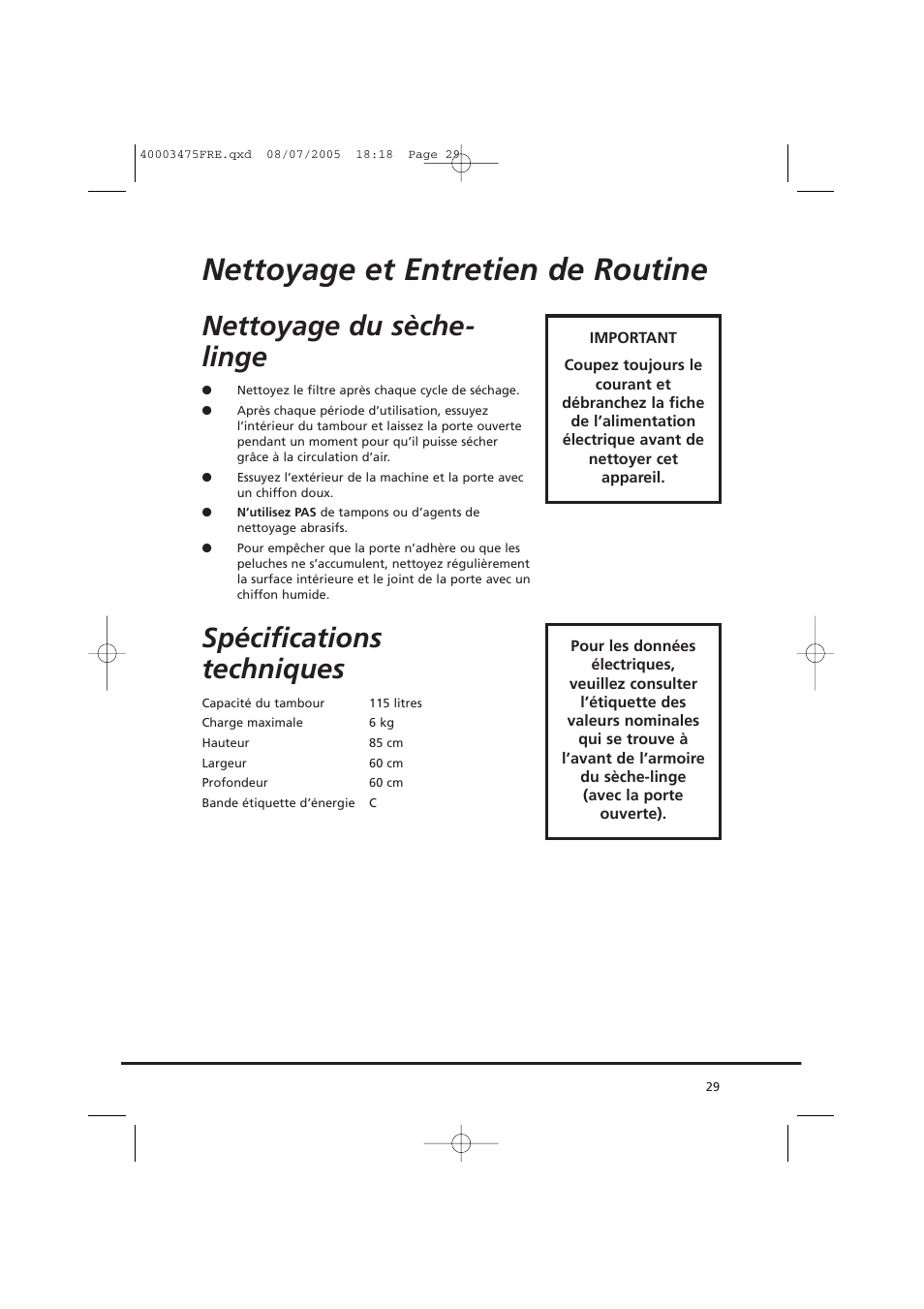 Nettoyage et entretien de routine, Nettoyage du sèche- linge, Spécifications techniques | Candy AB CV1 16- SY User Manual | Page 29 / 152