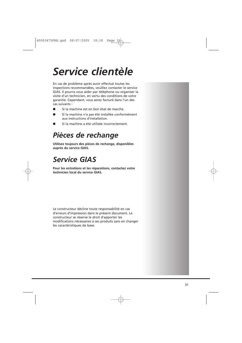 Service clientèle, Pièces de rechange, Service gias | Candy AB CV1 16- SY User Manual | Page 31 / 152