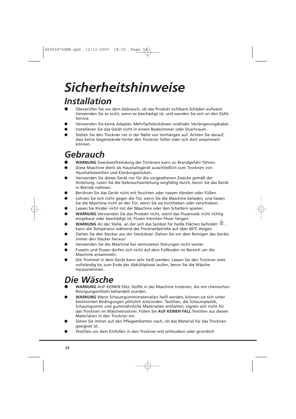 Sicherheitshinweise, Installation, Gebrauch | Die wäsche | Candy AB CV1 16- SY User Manual | Page 34 / 152