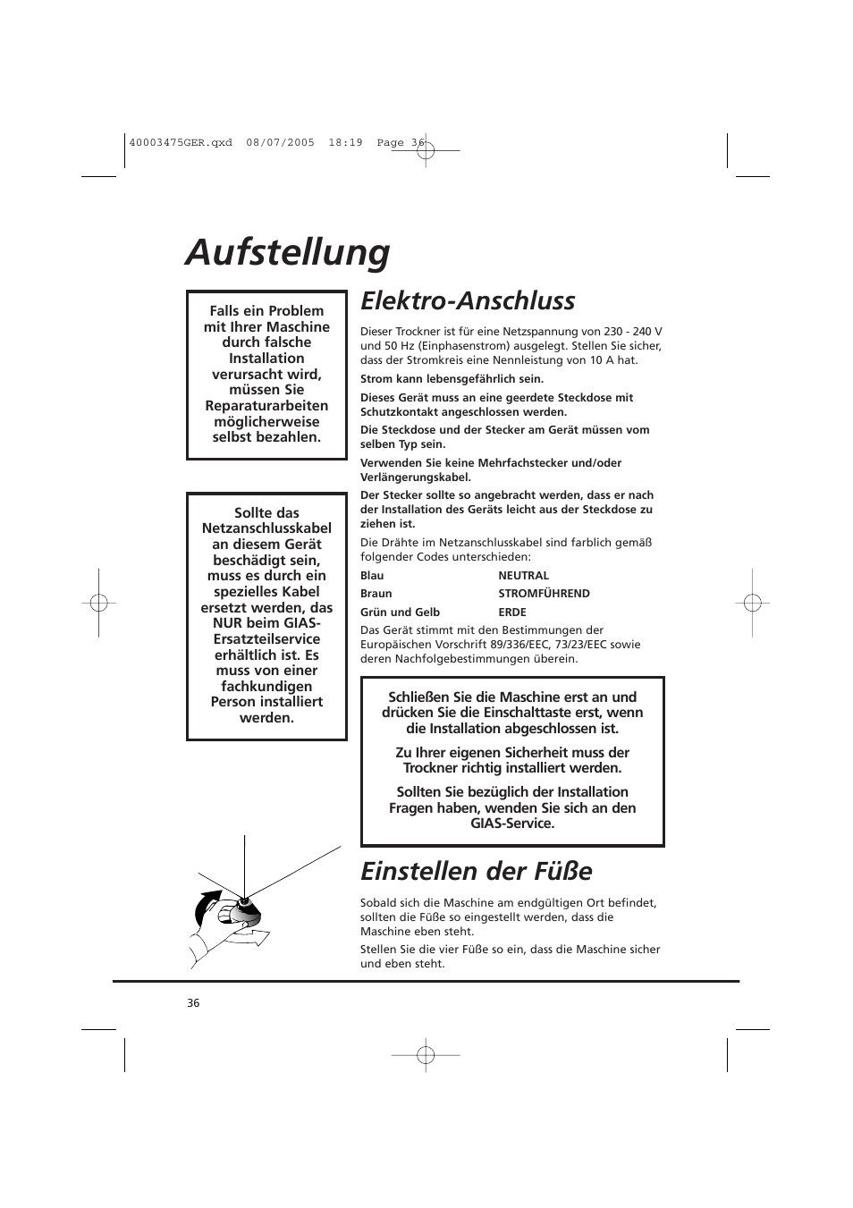 Aufstellung, Elektro-anschluss, Einstellen der füße | Candy AB CV1 16- SY User Manual | Page 36 / 152