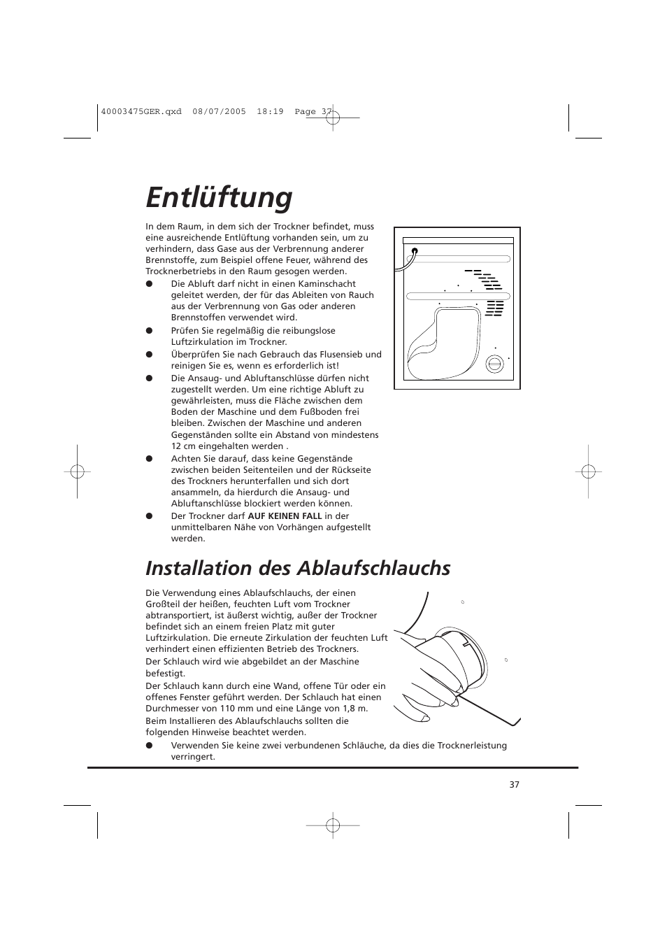 Entlüftung, Installation des ablaufschlauchs | Candy AB CV1 16- SY User Manual | Page 37 / 152