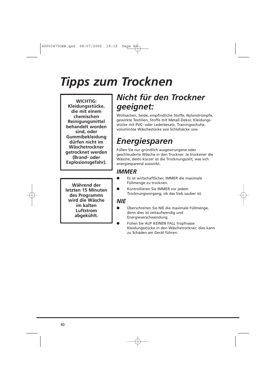 Tipps zum trocknen, Nicht für den trockner geeignet, Energiesparen | Candy AB CV1 16- SY User Manual | Page 40 / 152