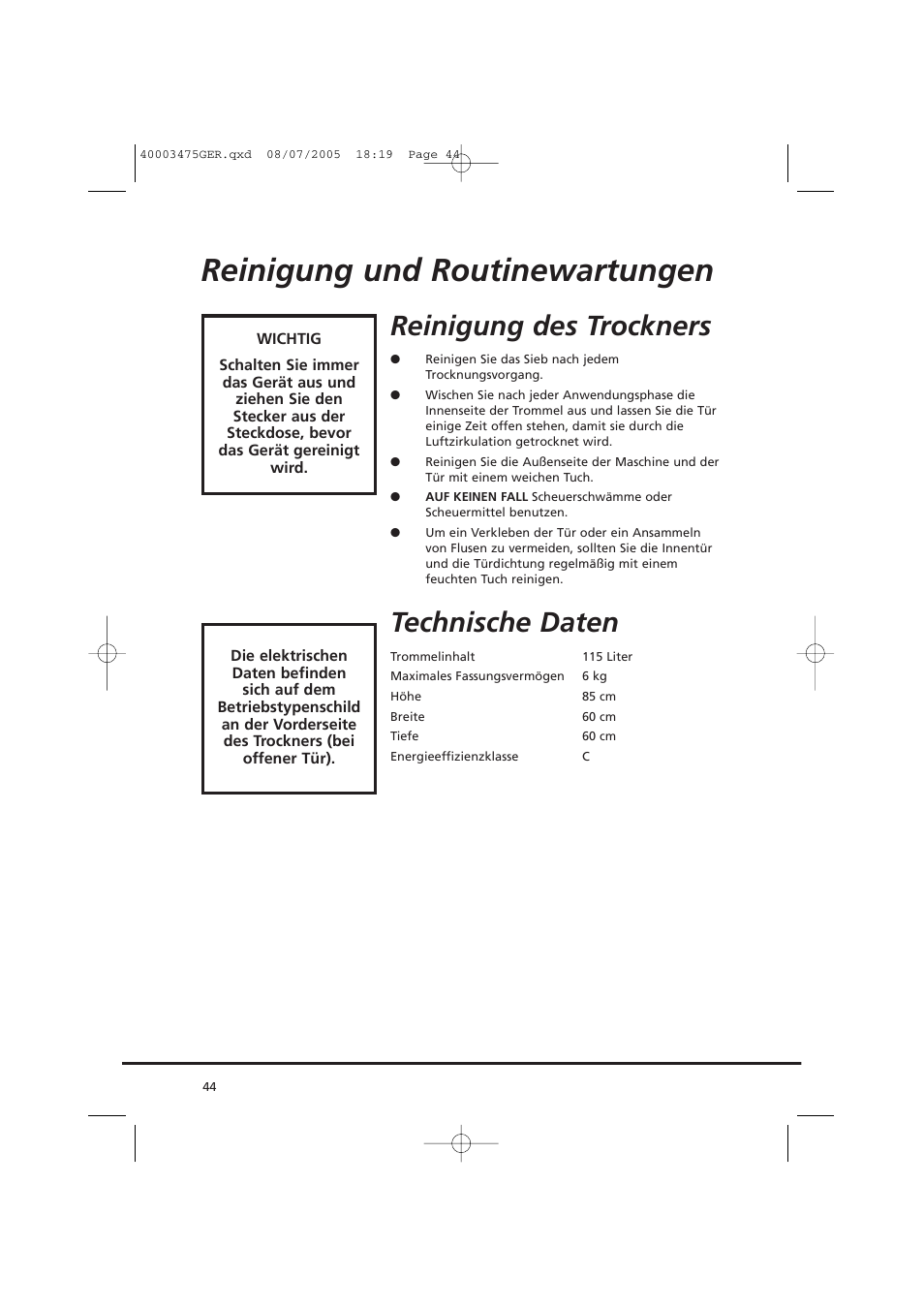Reinigung und routinewartungen, Reinigung des trockners, Technische daten | Candy AB CV1 16- SY User Manual | Page 44 / 152