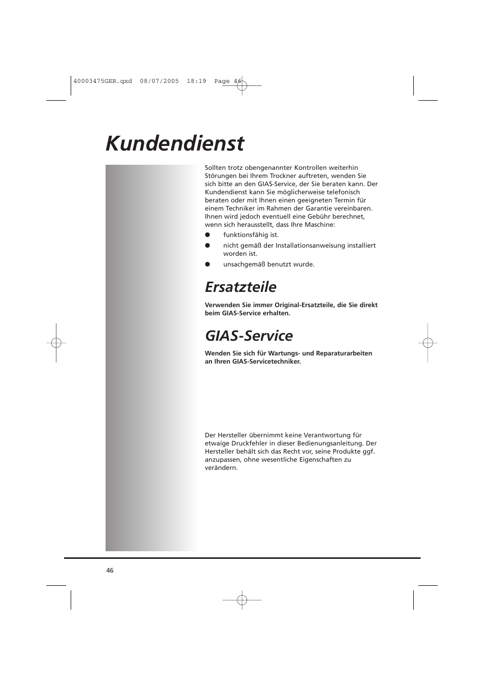 Kundendienst, Ersatzteile, Gias-service | Candy AB CV1 16- SY User Manual | Page 46 / 152
