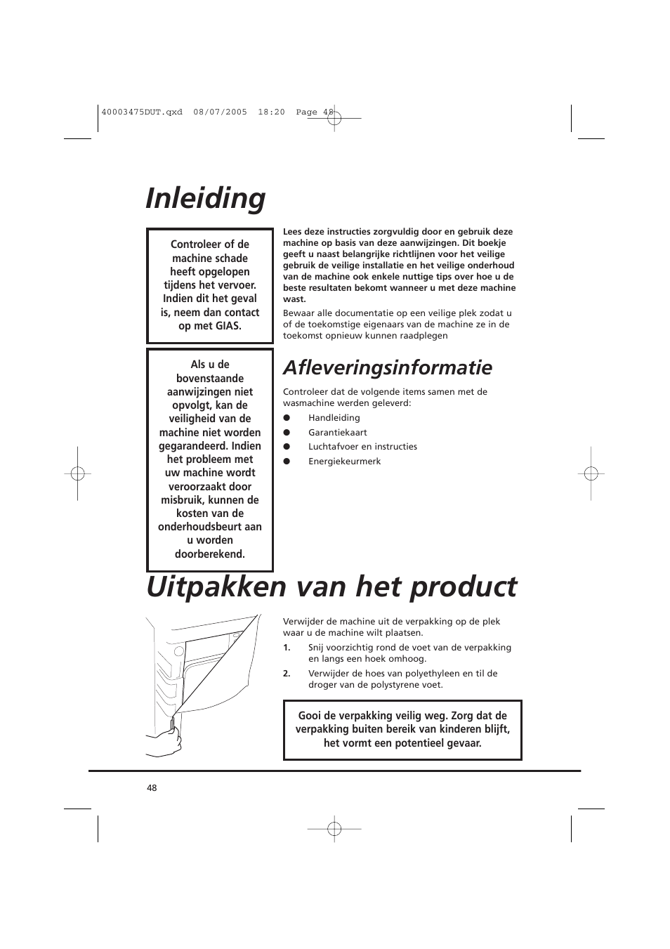 Inleiding, Uitpakken van het product, Afleveringsinformatie | Candy AB CV1 16- SY User Manual | Page 48 / 152