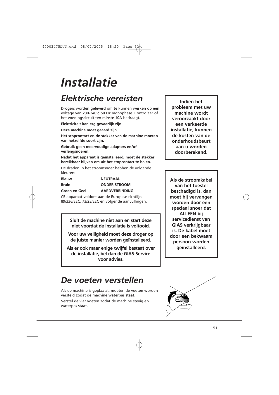 Installatie, Elektrische vereisten, De voeten verstellen | Candy AB CV1 16- SY User Manual | Page 51 / 152
