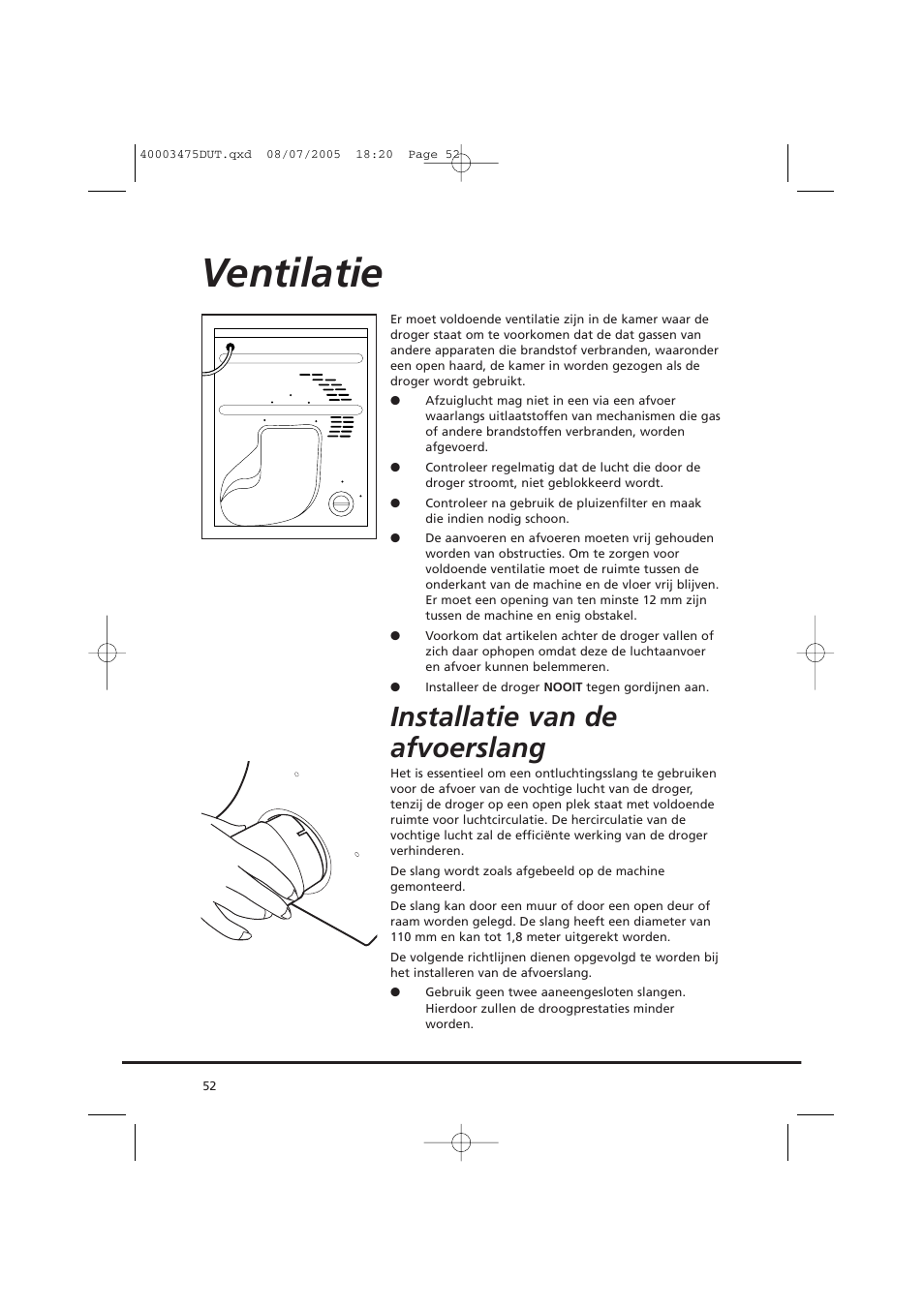Ventilatie, Installatie van de afvoerslang | Candy AB CV1 16- SY User Manual | Page 52 / 152