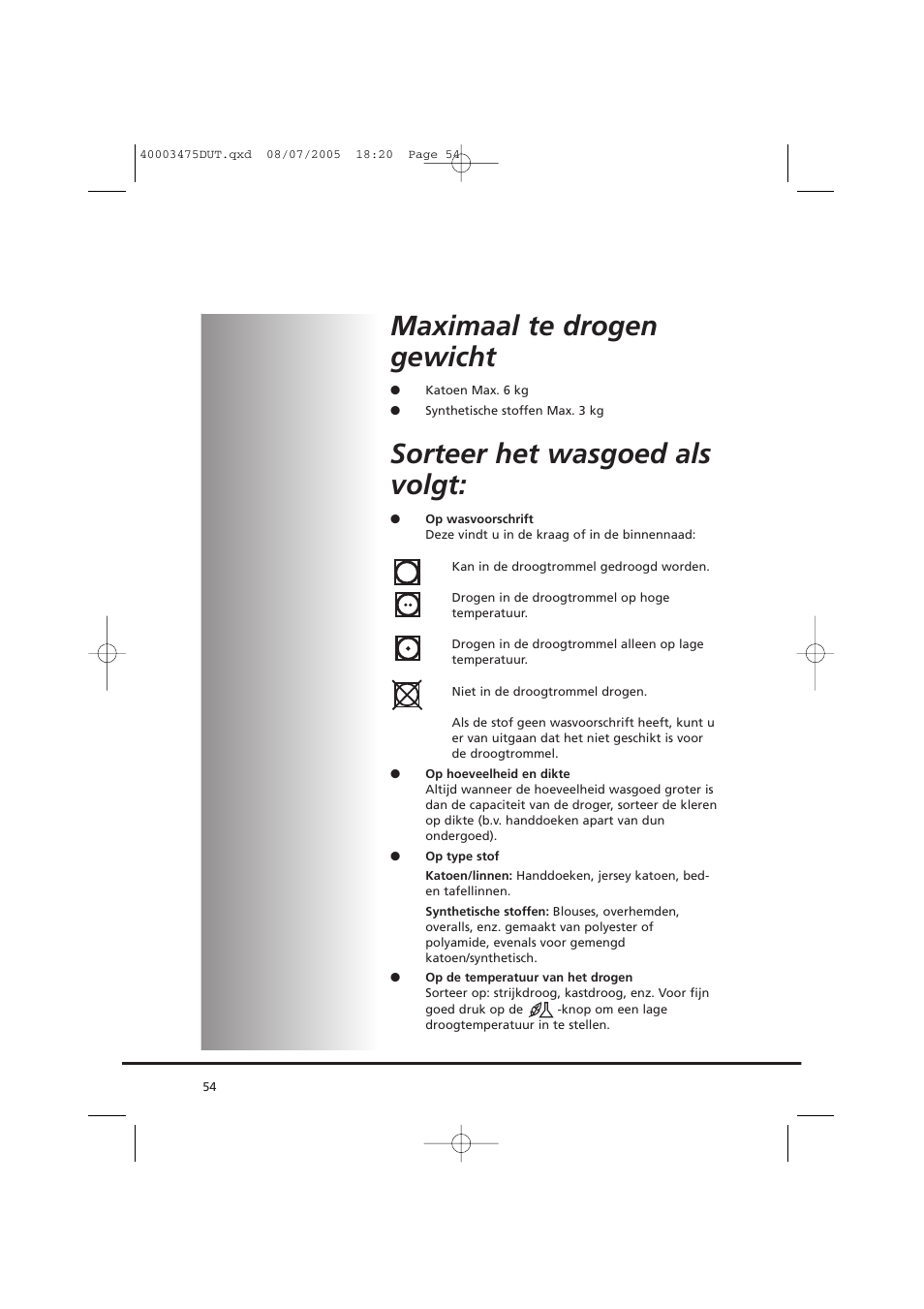 Maximaal te drogen gewicht, Sorteer het wasgoed als volgt | Candy AB CV1 16- SY User Manual | Page 54 / 152
