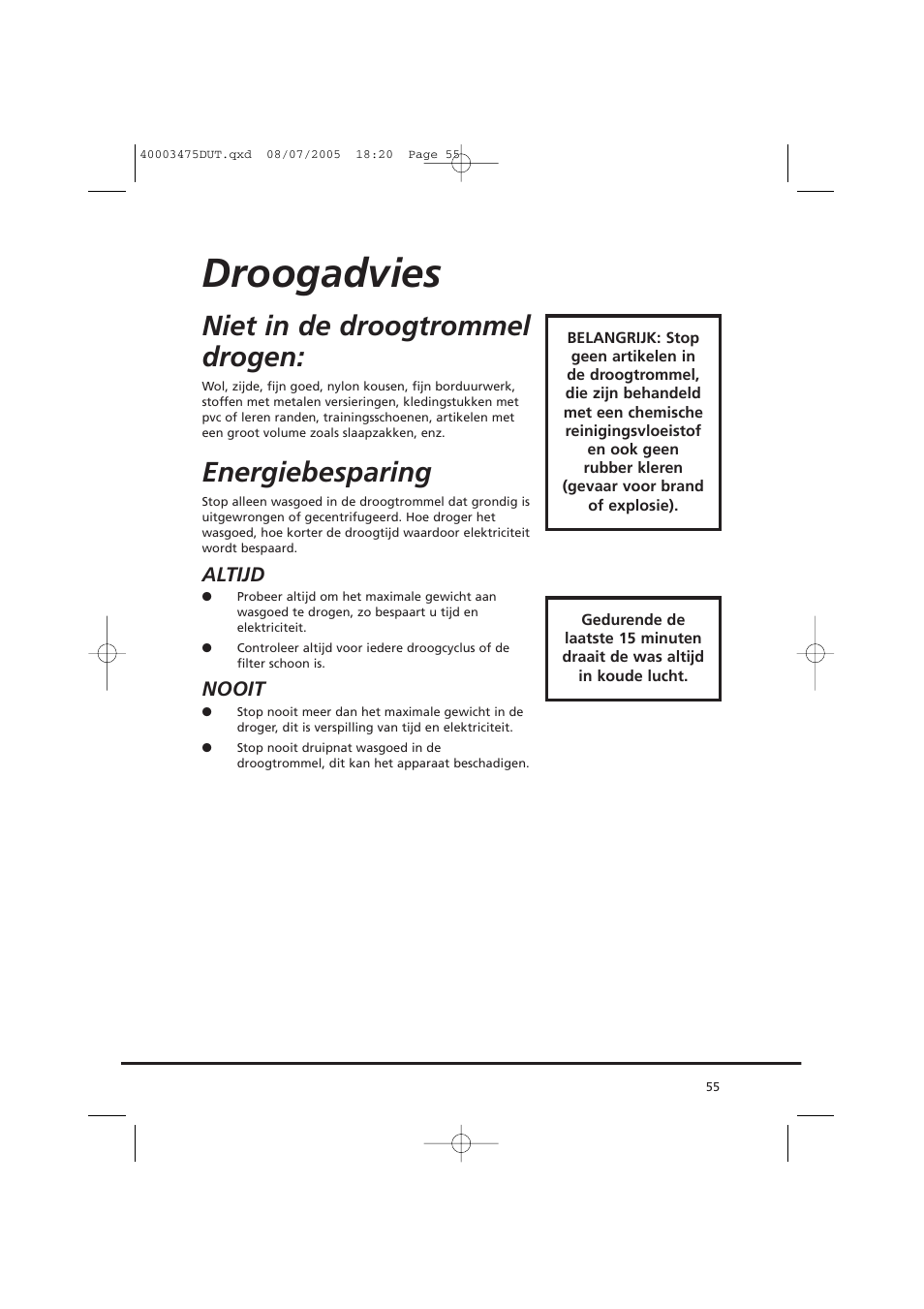 Droogadvies, Niet in de droogtrommel drogen, Energiebesparing | Candy AB CV1 16- SY User Manual | Page 55 / 152