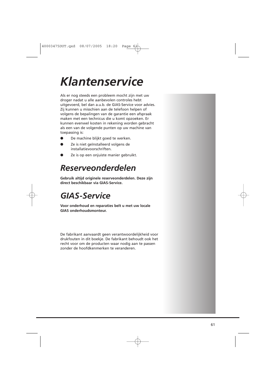 Klantenservice, Reserveonderdelen, Gias-service | Candy AB CV1 16- SY User Manual | Page 61 / 152