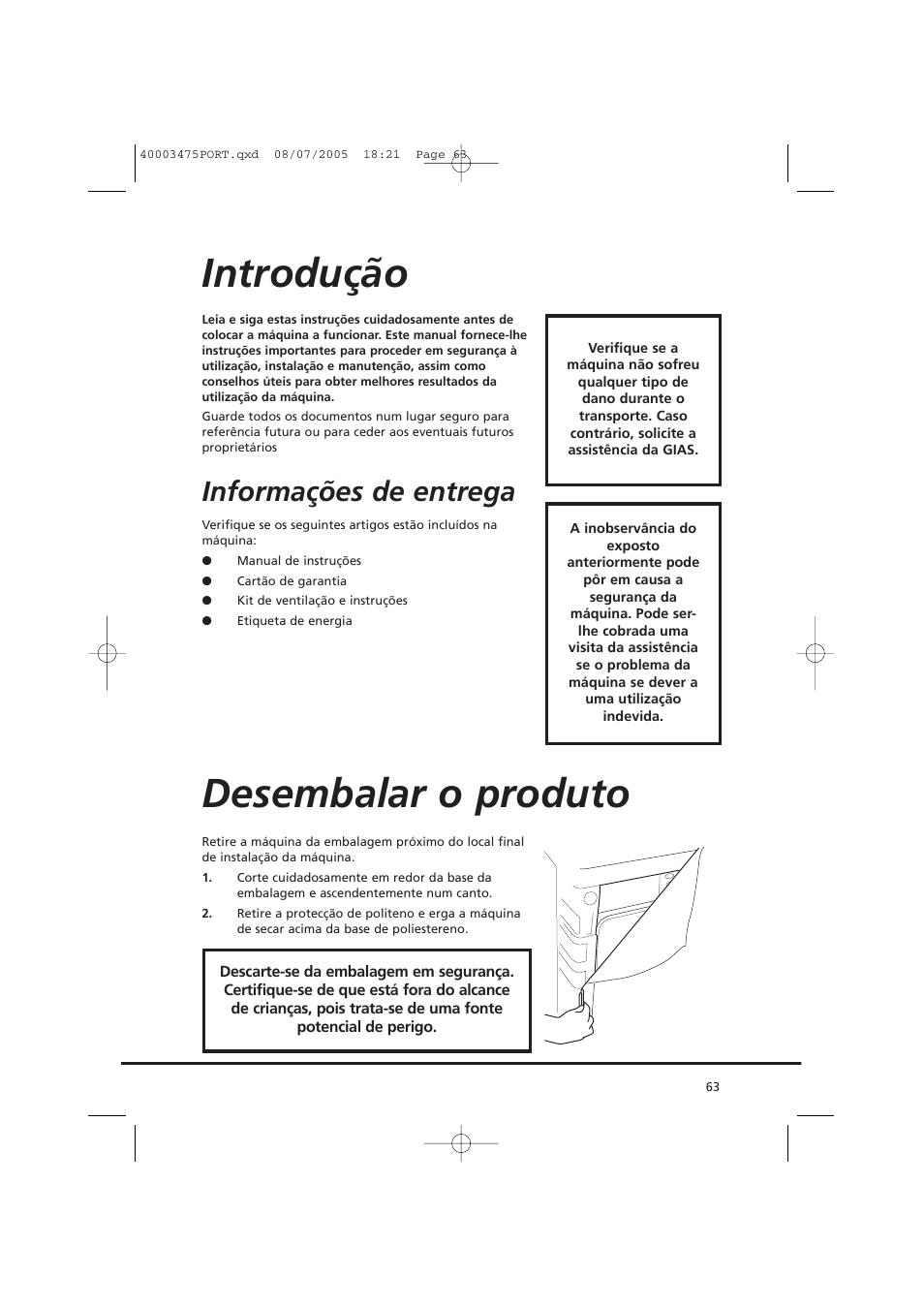 Introdução, Desembalar o produto, Informações de entrega | Candy AB CV1 16- SY User Manual | Page 63 / 152