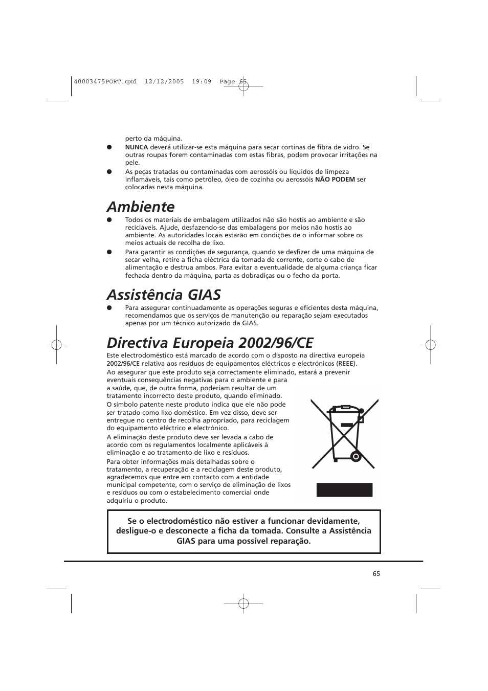 Ambiente, Assistência gias | Candy AB CV1 16- SY User Manual | Page 65 / 152