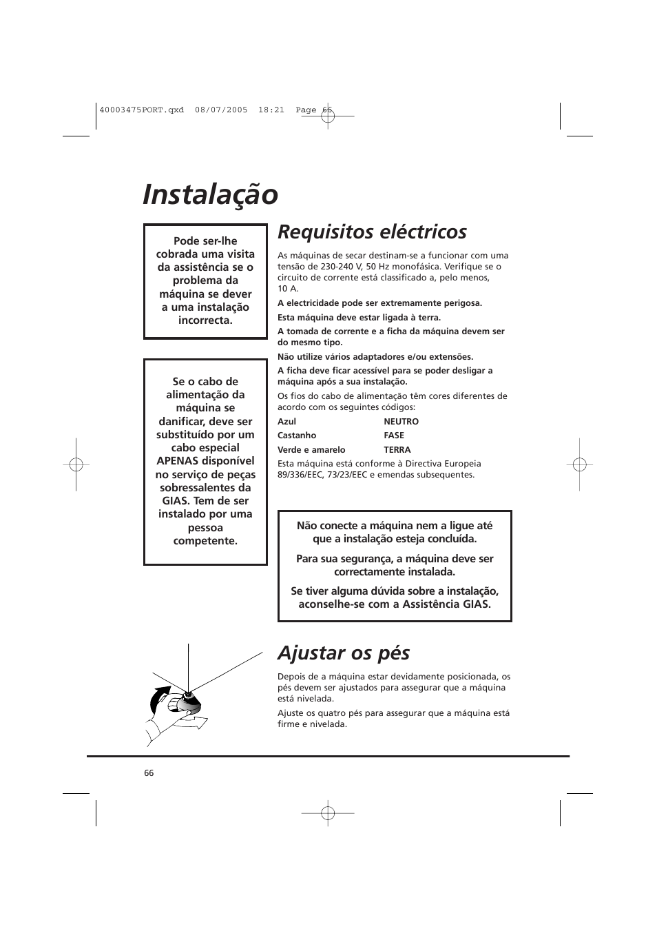 Instalação, Requisitos eléctricos, Ajustar os pés | Candy AB CV1 16- SY User Manual | Page 66 / 152