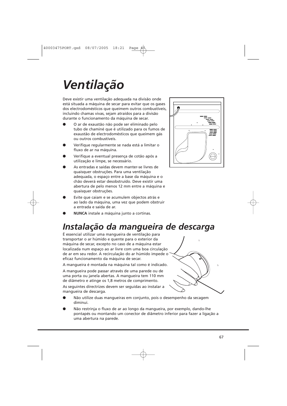 Ventilação, Instalação da mangueira de descarga | Candy AB CV1 16- SY User Manual | Page 67 / 152