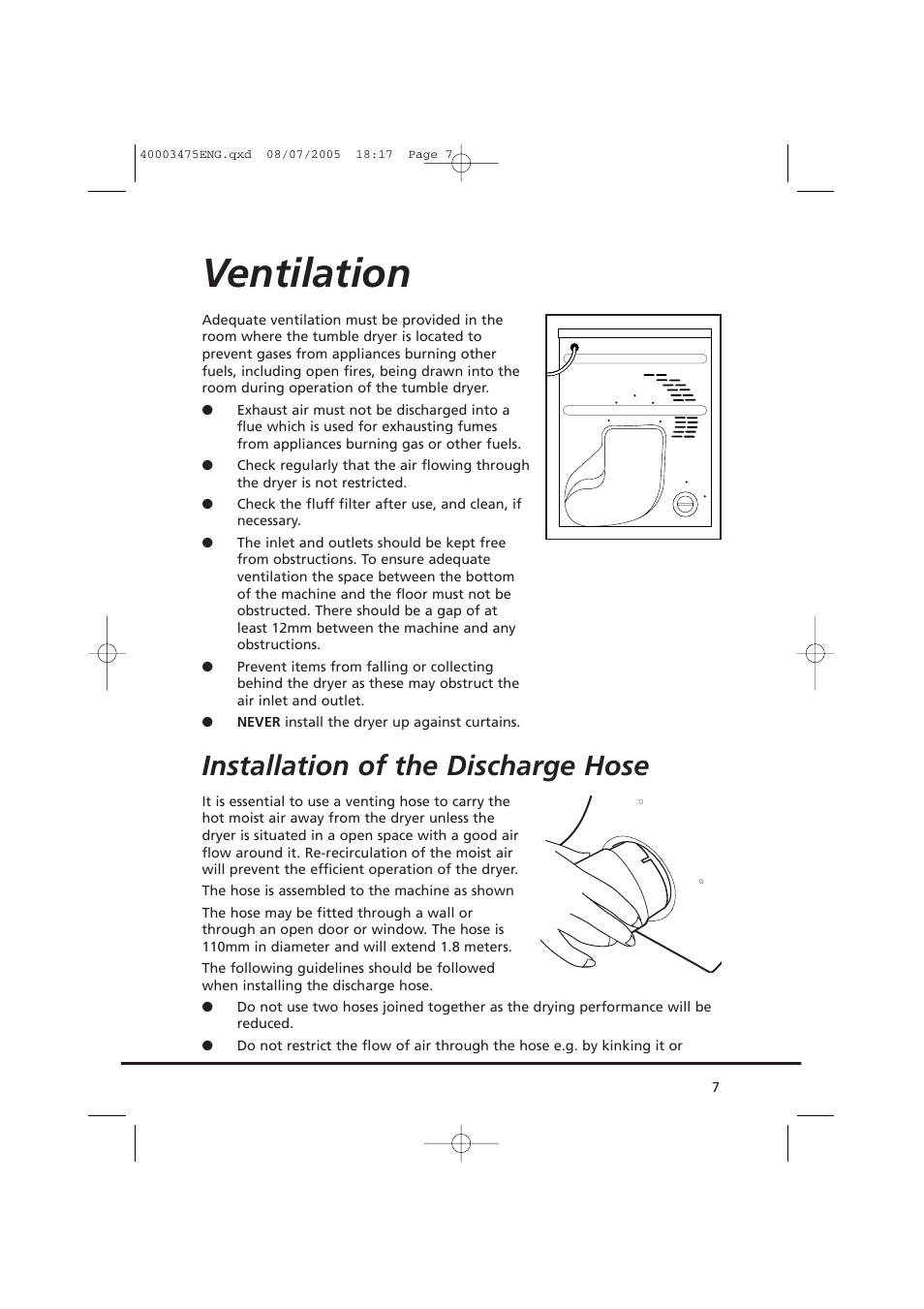 Ventilation, Installation of the discharge hose | Candy AB CV1 16- SY User Manual | Page 7 / 152