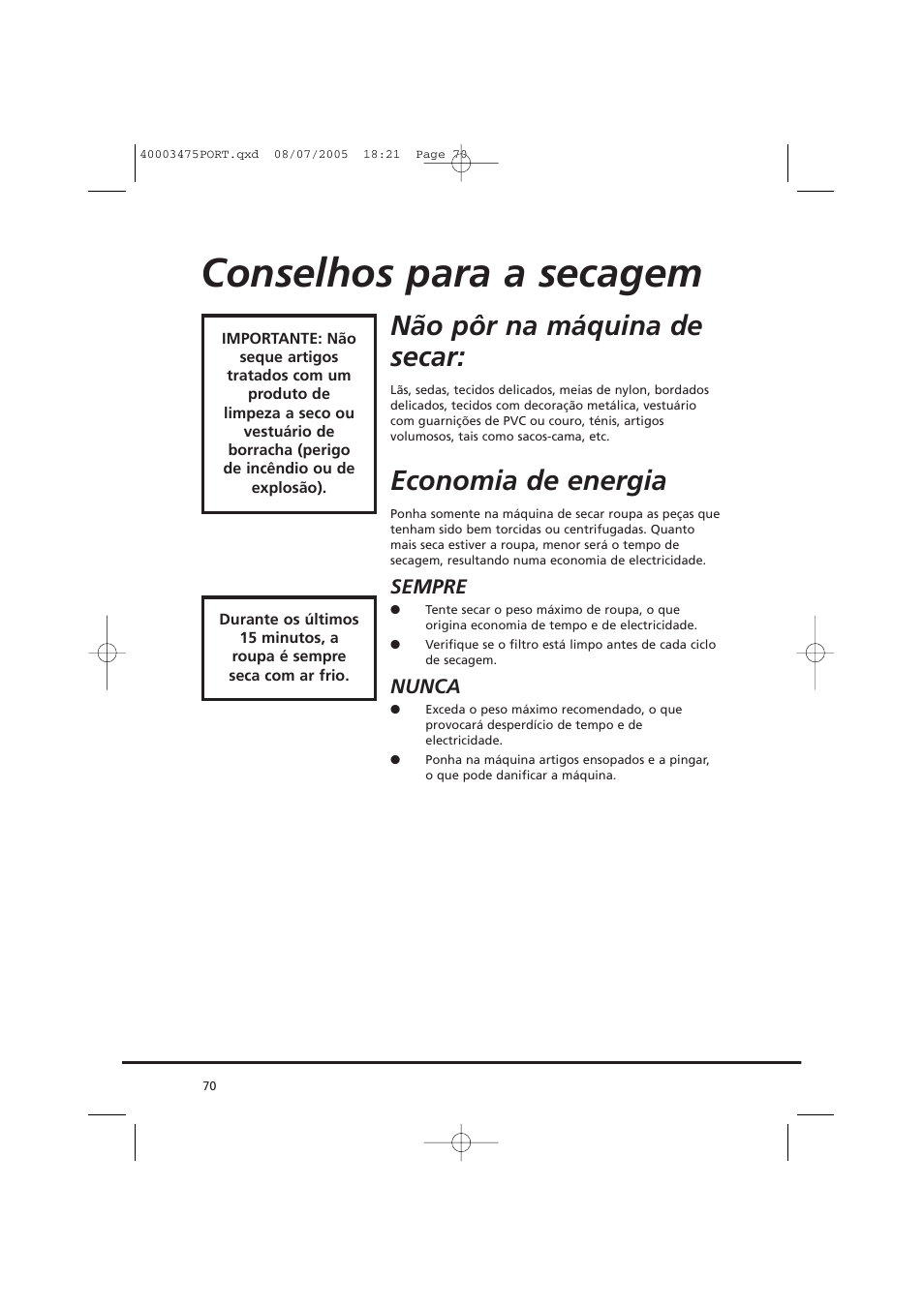 Conselhos para a secagem, Não pôr na máquina de secar, Economia de energia | Candy AB CV1 16- SY User Manual | Page 70 / 152