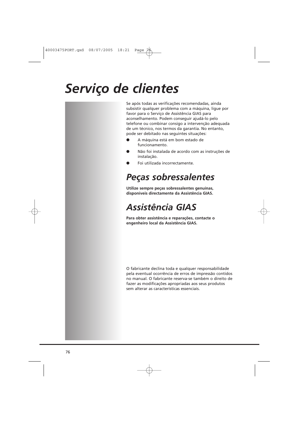Serviço de clientes, Peças sobressalentes, Assistência gias | Candy AB CV1 16- SY User Manual | Page 76 / 152