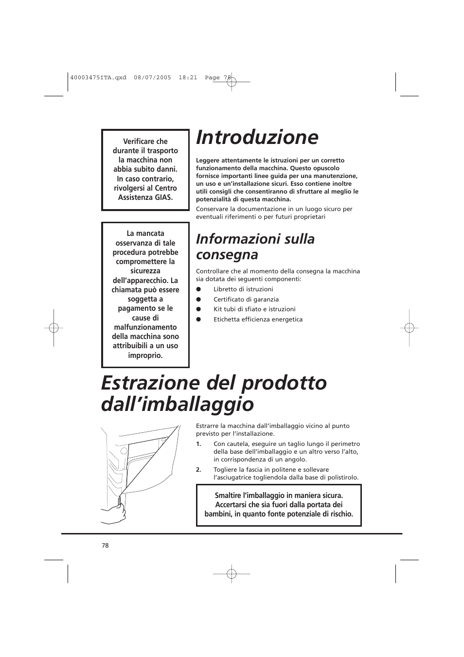 Introduzione, Estrazione del prodotto dall’imballaggio, Informazioni sulla consegna | Candy AB CV1 16- SY User Manual | Page 78 / 152