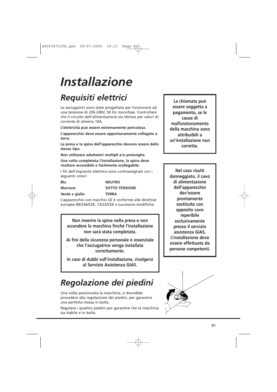 Installazione, Requisiti elettrici, Regolazione dei piedini | Candy AB CV1 16- SY User Manual | Page 81 / 152
