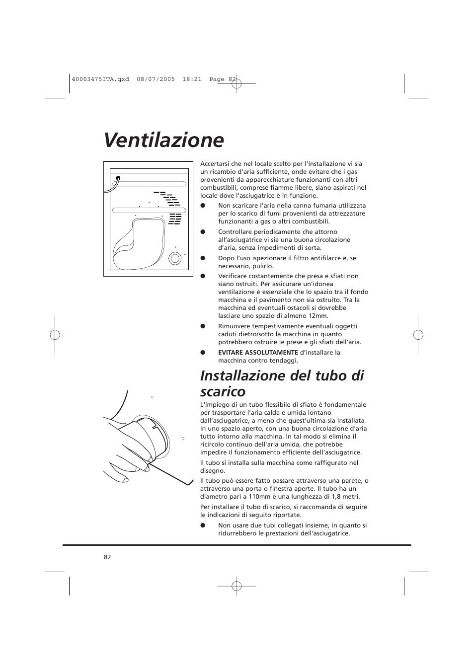 Ventilazione, Installazione del tubo di scarico | Candy AB CV1 16- SY User Manual | Page 82 / 152