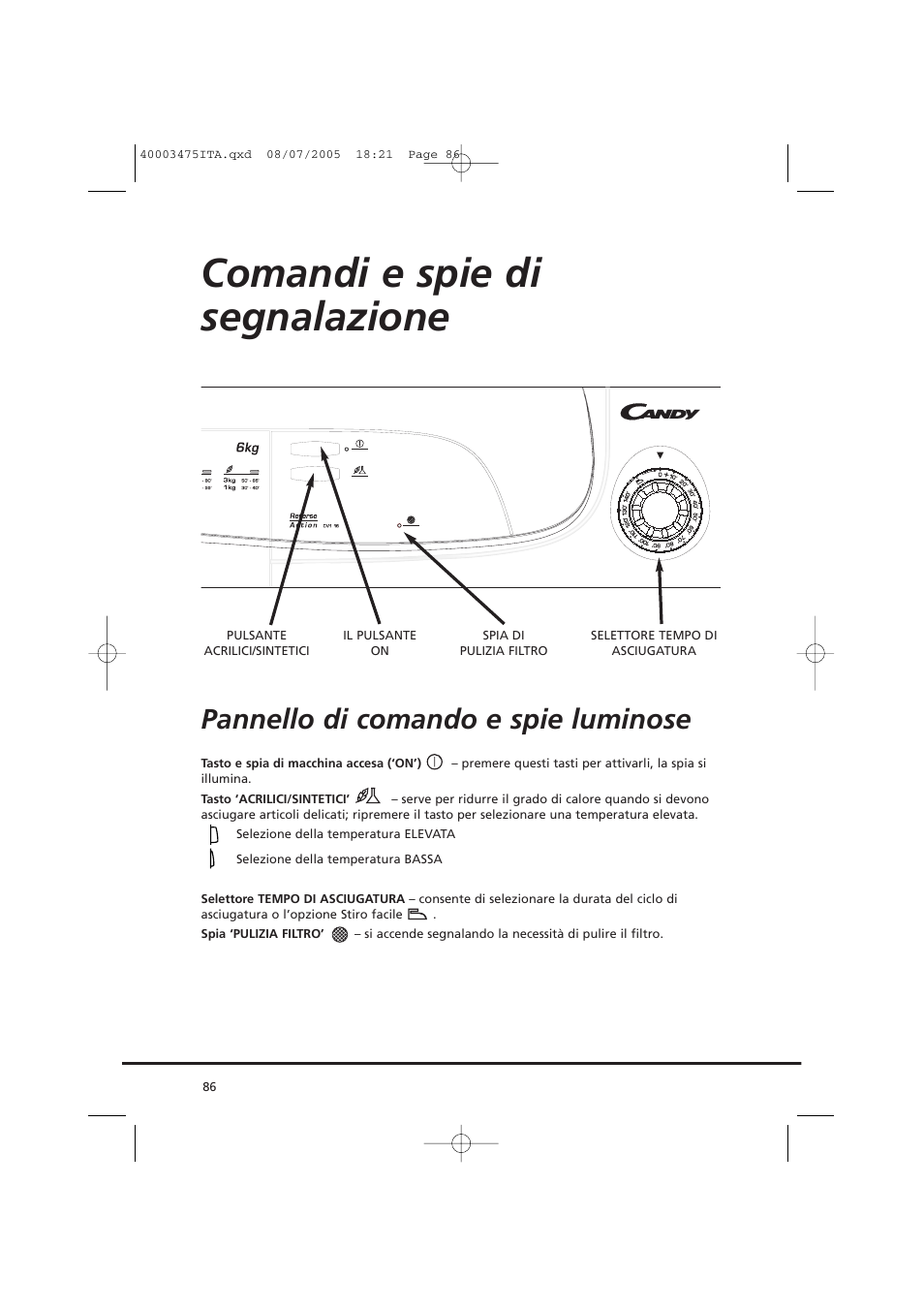 Comandi e spie di segnalazione, Pannello di comando e spie luminose | Candy AB CV1 16- SY User Manual | Page 86 / 152