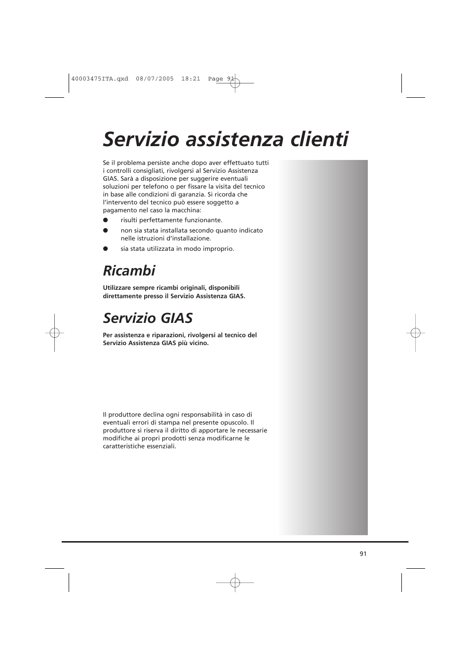 Servizio assistenza clienti, Ricambi, Servizio gias | Candy AB CV1 16- SY User Manual | Page 91 / 152