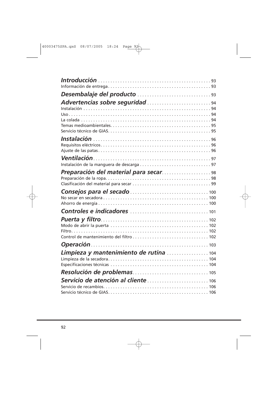 Introducción, Desembalaje del producto, Advertencias sobre seguridad | Instalación, Ventilación, Preparación del material para secar, Consejos para el secado, Controles e indicadores, Puerta y filtro, Operación | Candy AB CV1 16- SY User Manual | Page 92 / 152