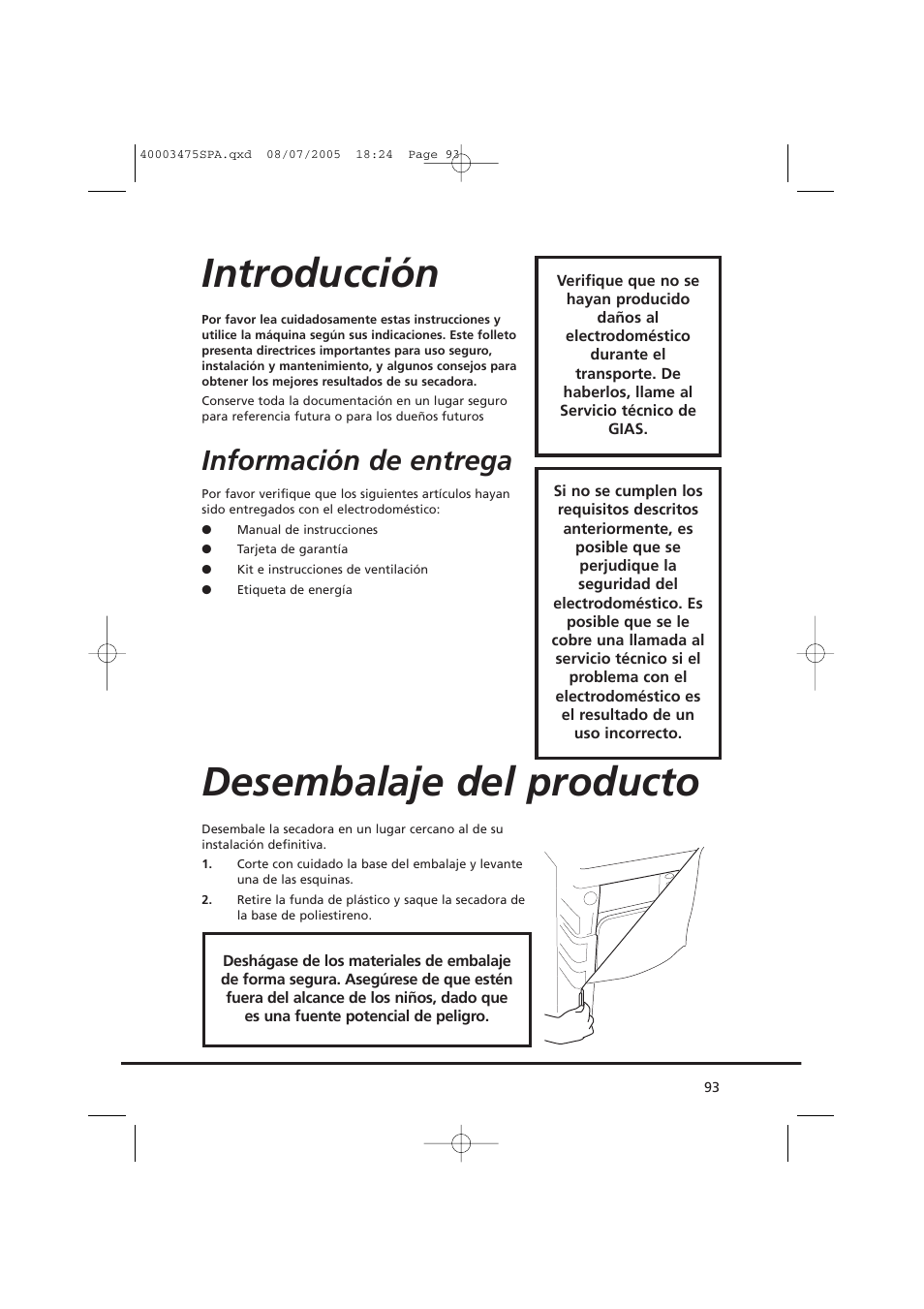 Introducción, Desembalaje del producto, Información de entrega | Candy AB CV1 16- SY User Manual | Page 93 / 152