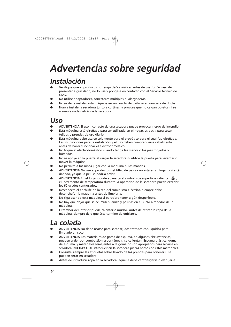 Advertencias sobre seguridad, Instalación, La colada | Candy AB CV1 16- SY User Manual | Page 94 / 152