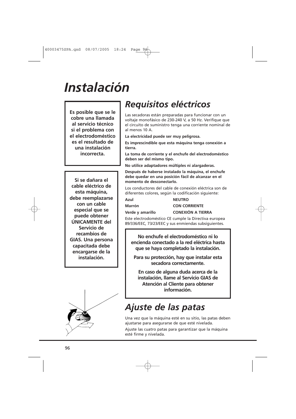 Instalación, Requisitos eléctricos, Ajuste de las patas | Candy AB CV1 16- SY User Manual | Page 96 / 152