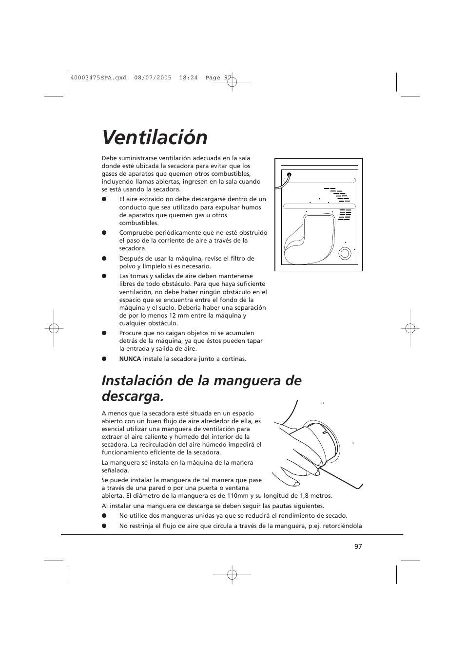 Ventilación, Instalación de la manguera de descarga | Candy AB CV1 16- SY User Manual | Page 97 / 152