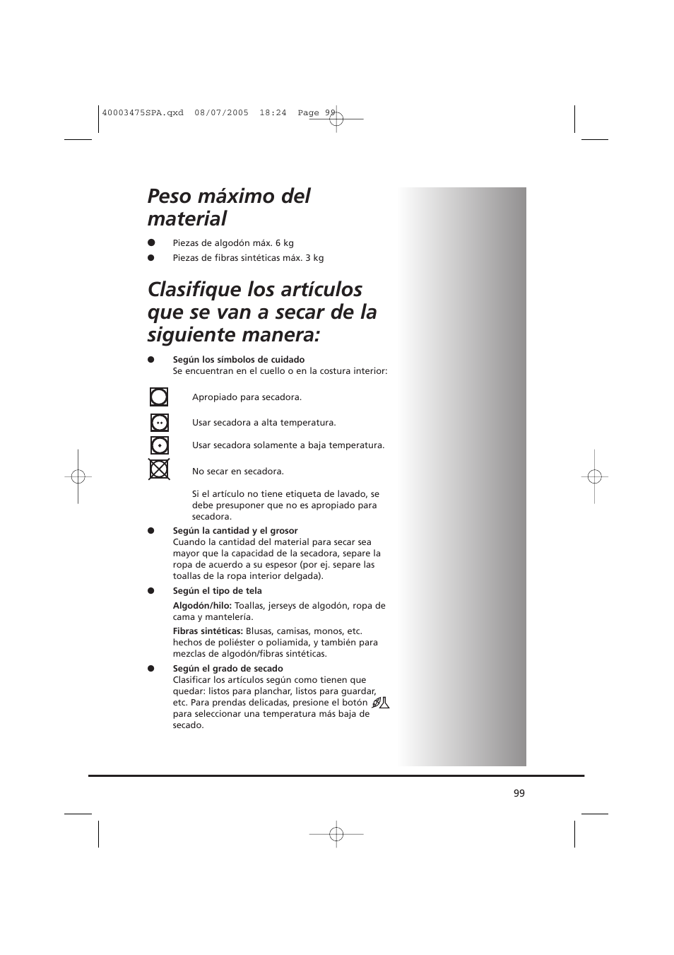 Peso máximo del material | Candy AB CV1 16- SY User Manual | Page 99 / 152