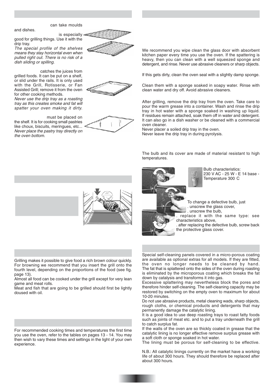 Grilling, Cooking time, Cleaning the oven | Self-cleaning oven with catalytic, The turnspit, Oven equipment | Candy FO 2D 966 X User Manual | Page 10 / 51